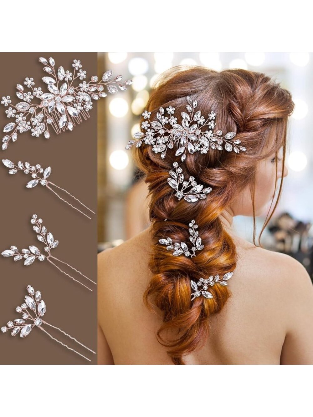 Women's Rose Gold Rhinestone Copper Bridal Headpiece Floral SOLID Hair Clips